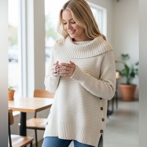 Rachel Ashwell - Cream Cowl Neck Sweater with Button Accents - M